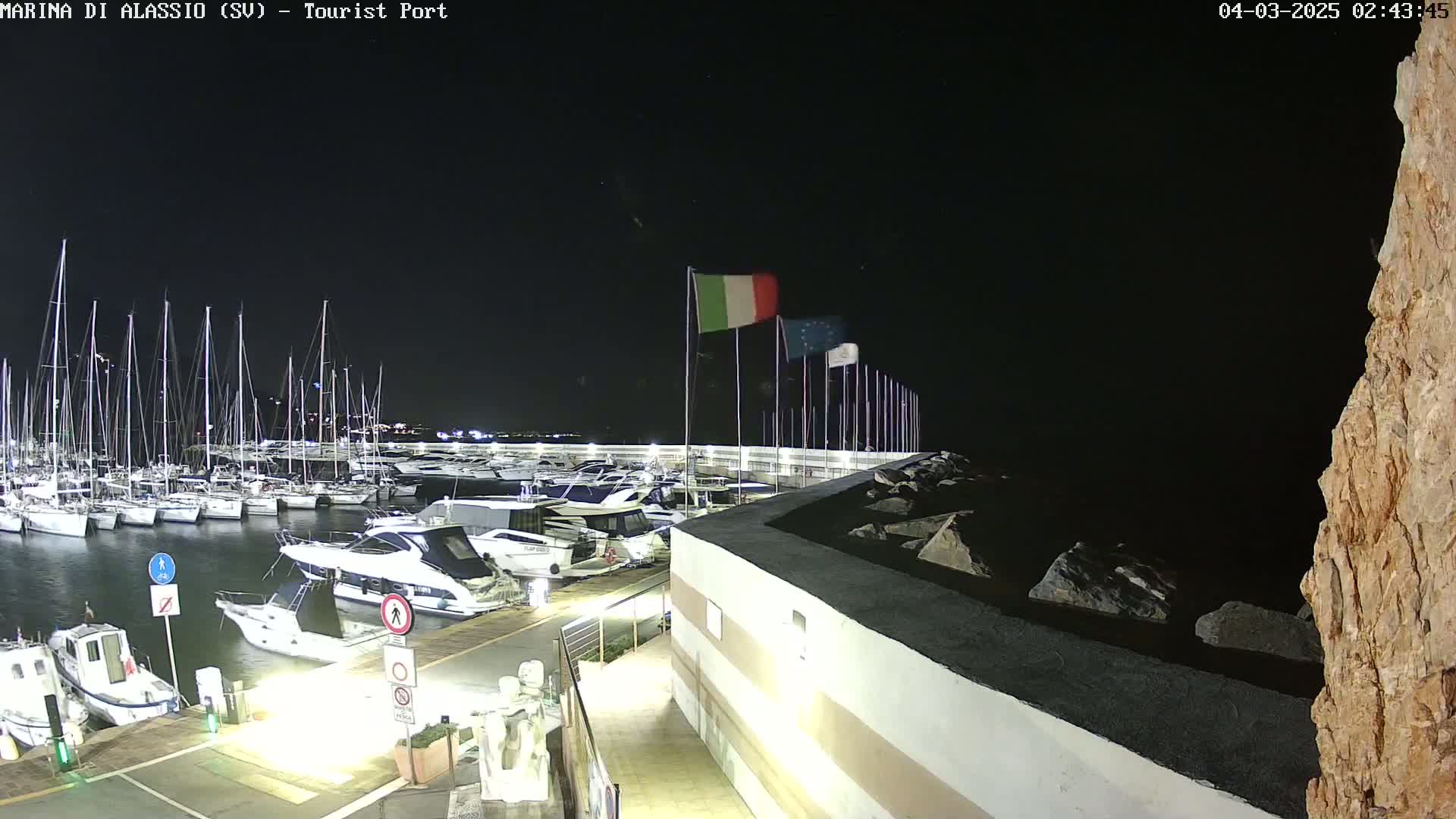A nighttime view of a marina filled with boats, under a clear, dark sky, with Italian and European Union flags flying.