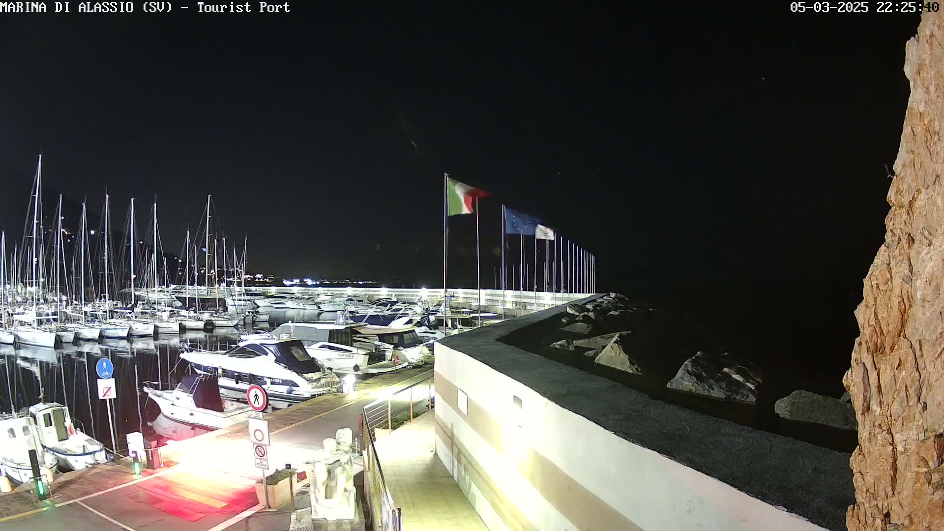 A nighttime view of a marina filled with sailboats and motorboats, under a clear, dark sky, with several flags displayed on a nearby building.