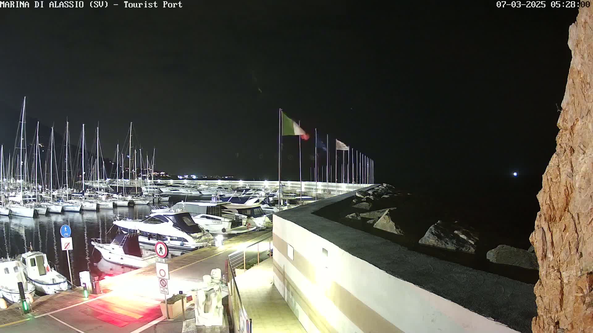 A marina filled with boats at night under a dark sky.