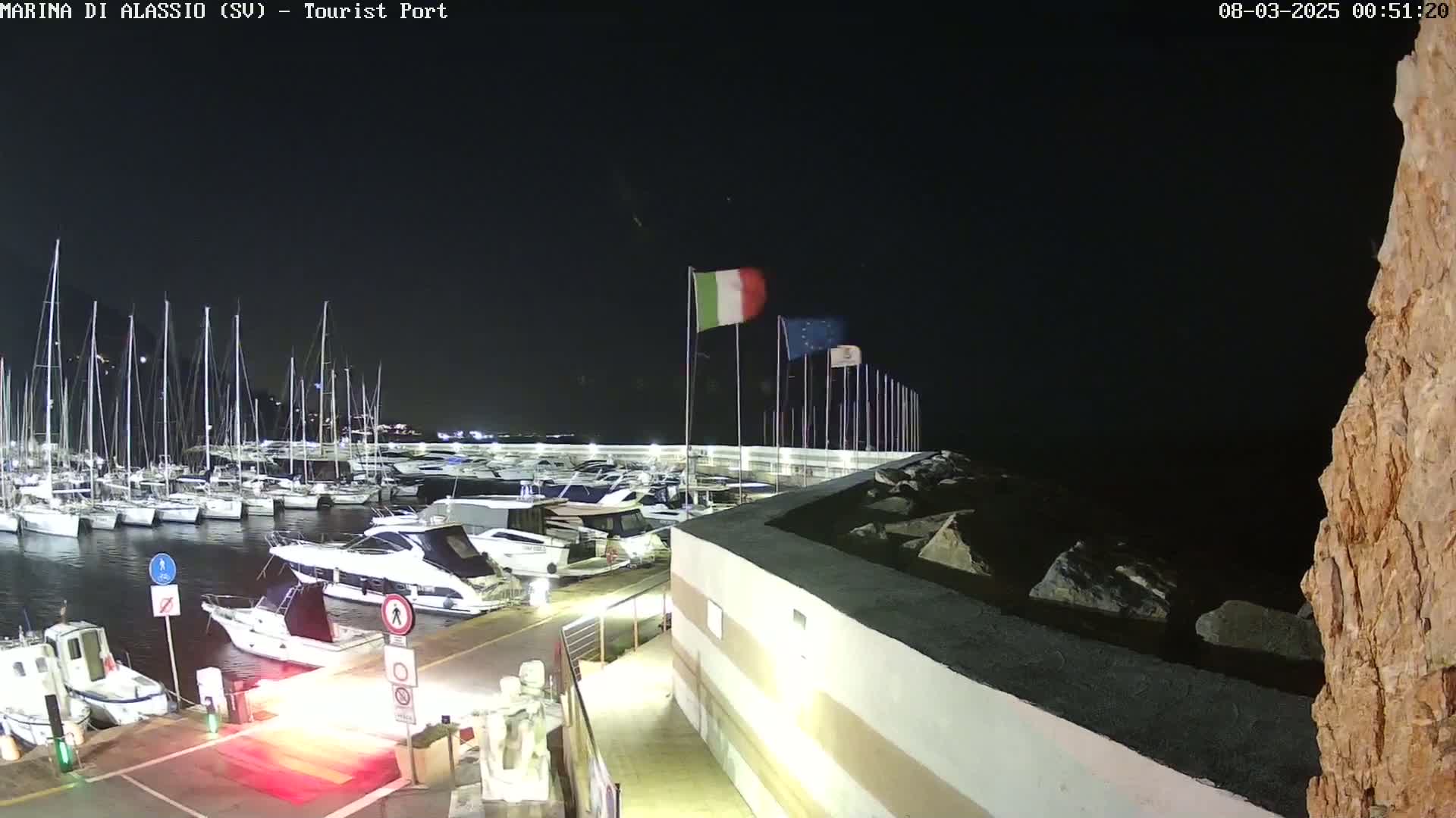 A nighttime view of a marina filled with sailboats and motorboats, under a clear, dark sky, with Italian and European flags waving in the background.