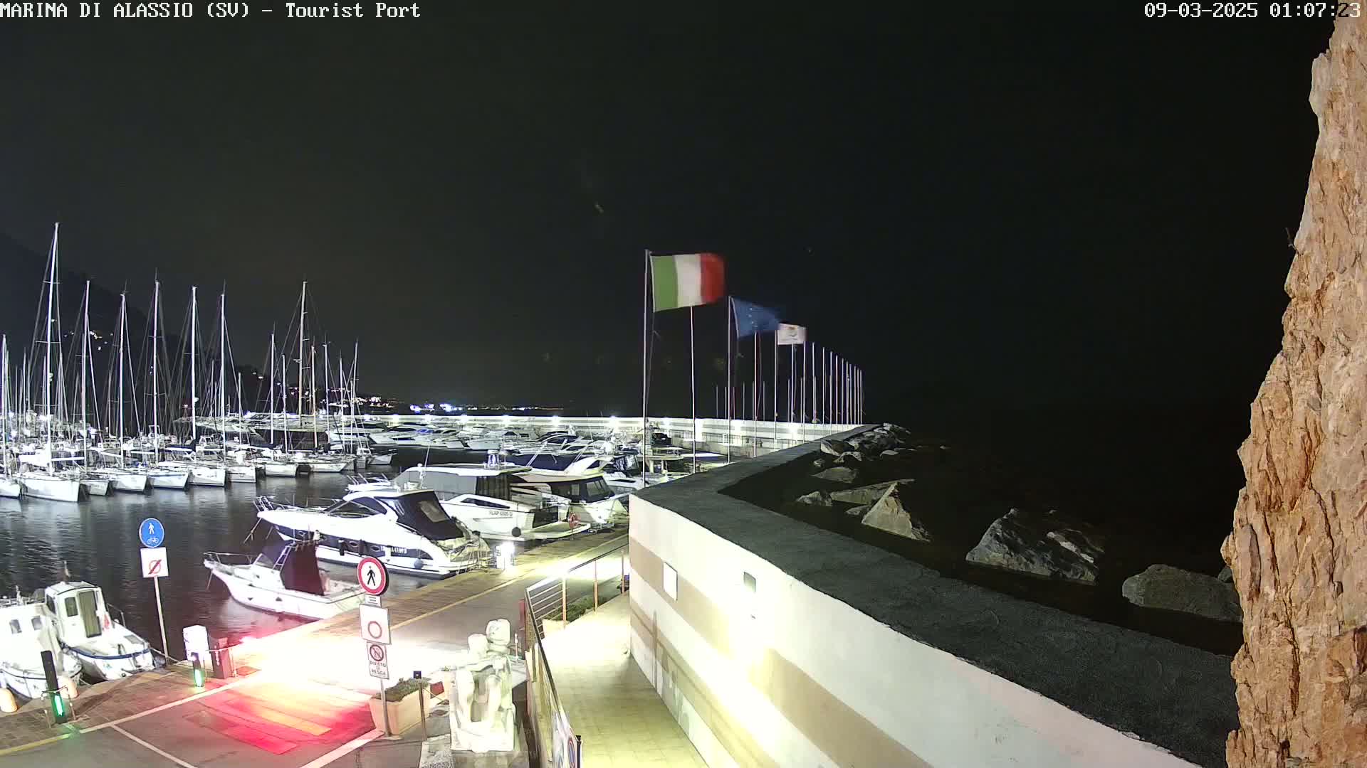 A nighttime view of a marina filled with sailboats and motorboats, under a dark sky with several flags waving in the wind.