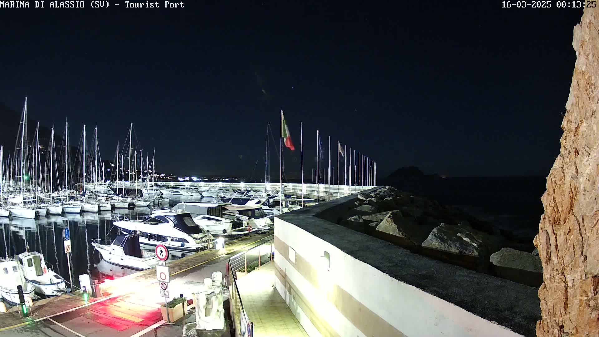 A nighttime view of a marina filled with boats, docked alongside a stone wall under a clear, dark sky.