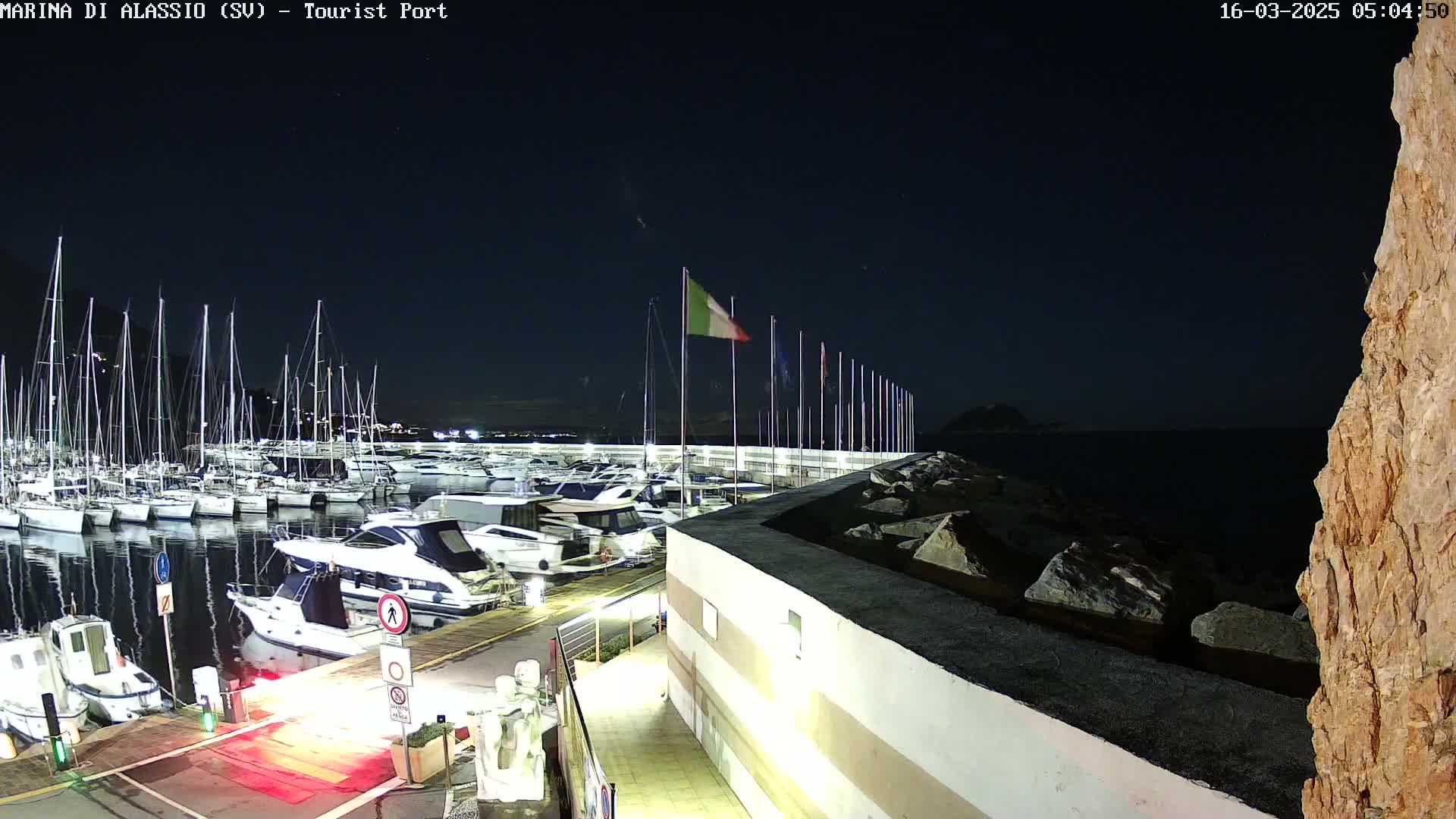 A nighttime view of a marina filled with sailboats and motorboats, under a clear, dark sky.