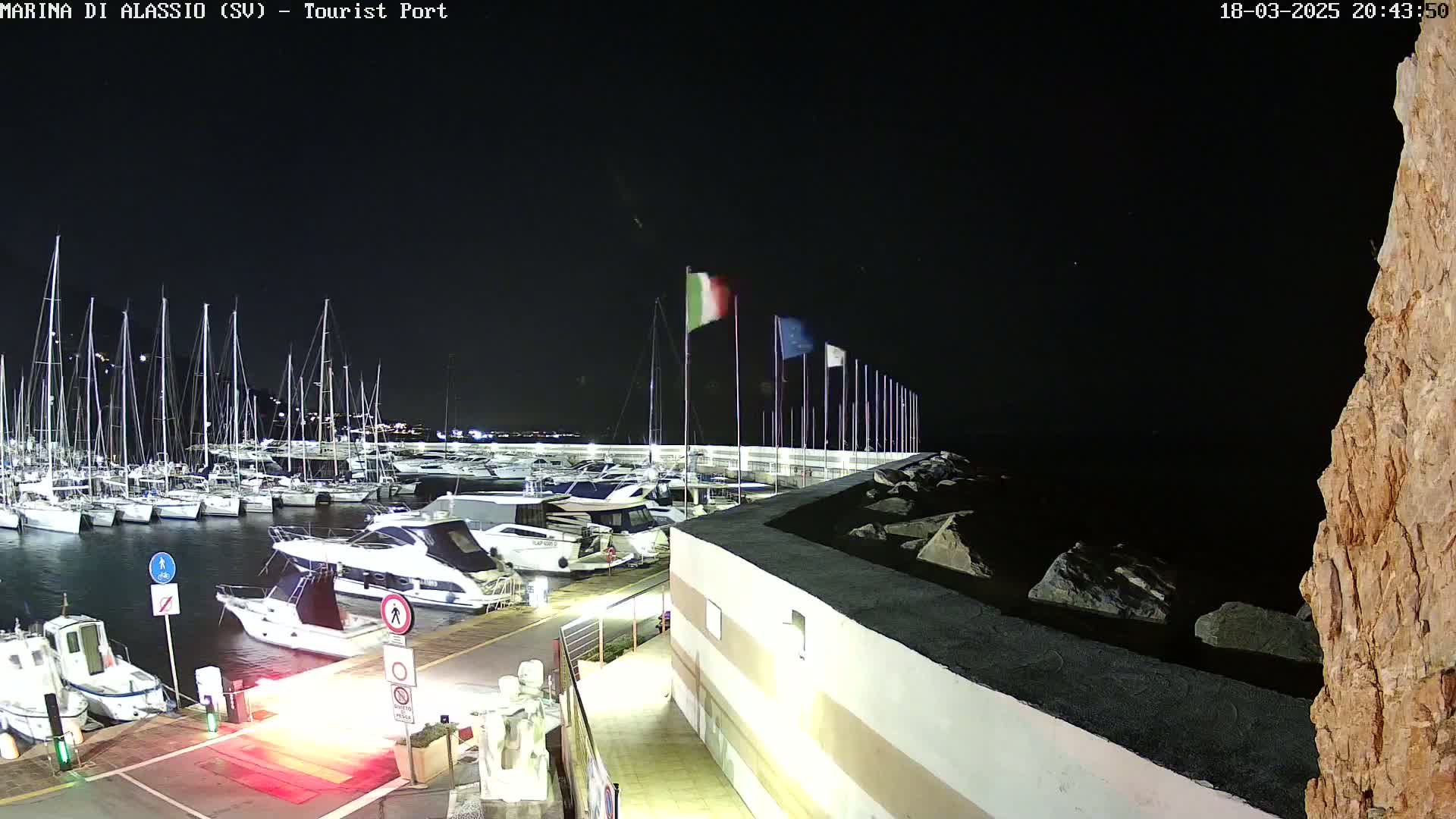 A nighttime view of a marina filled with sailboats and motorboats, docked alongside a stone wall under a clear, dark sky.