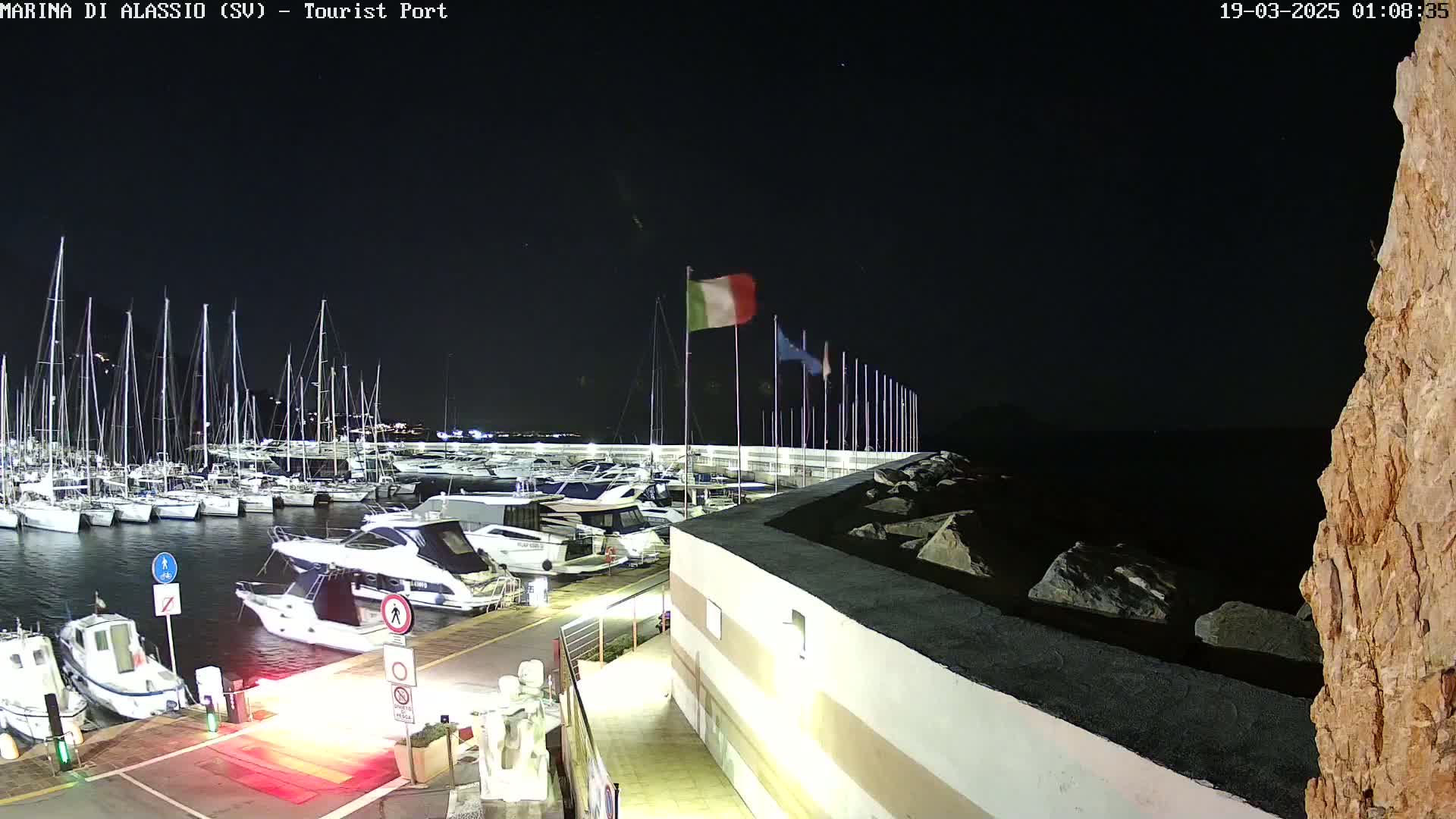 A nighttime view of a marina filled with docked sailboats and motorboats, under a clear, dark sky.