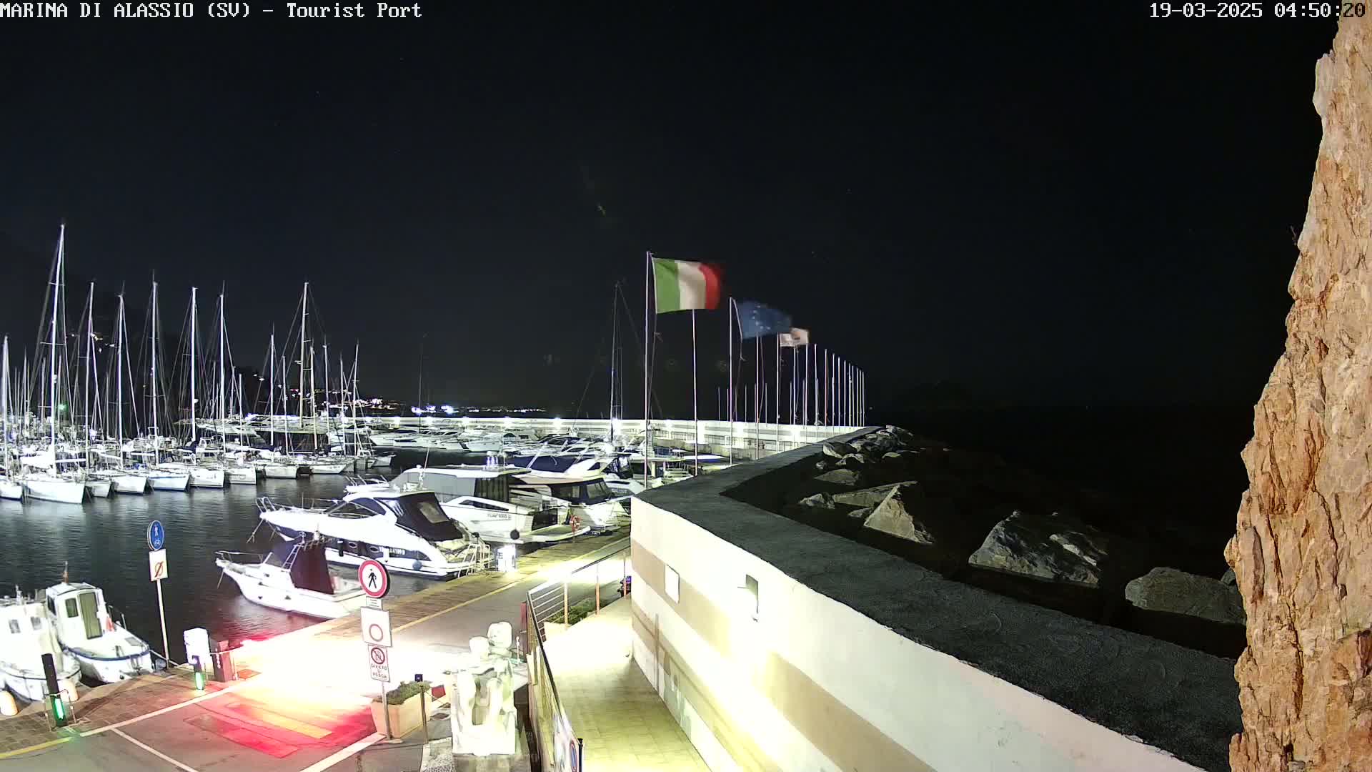A nighttime view of a marina filled with sailboats and motorboats, under a clear, dark sky.