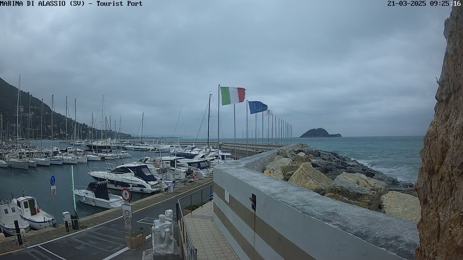 A harbor filled with boats is seen under an overcast sky, with a rocky shoreline and calm, slightly choppy water in the background.
