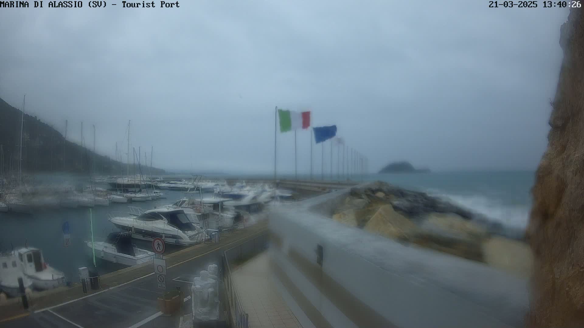 A marina filled with boats is shown on an overcast day with choppy water and several flags waving in the wind.