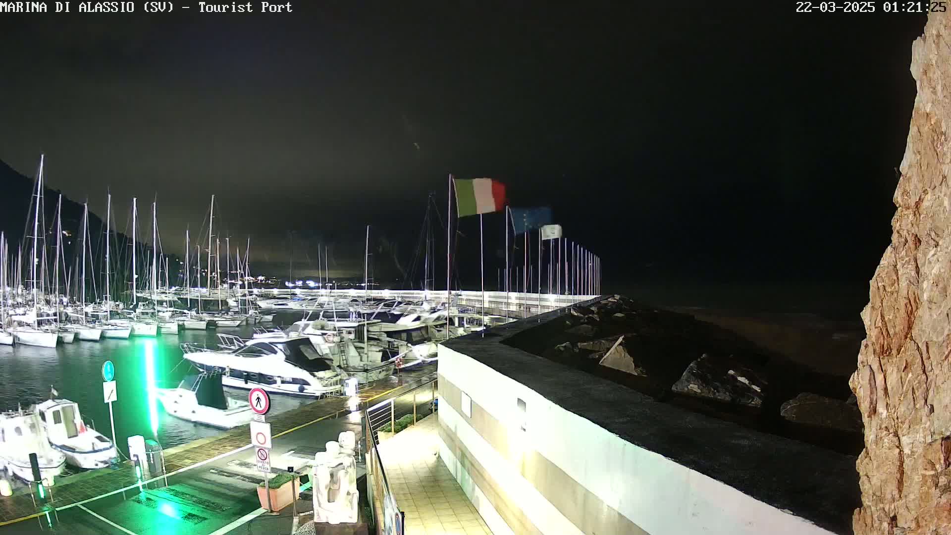 A nighttime view of a marina filled with boats, under a dark, cloudy sky.