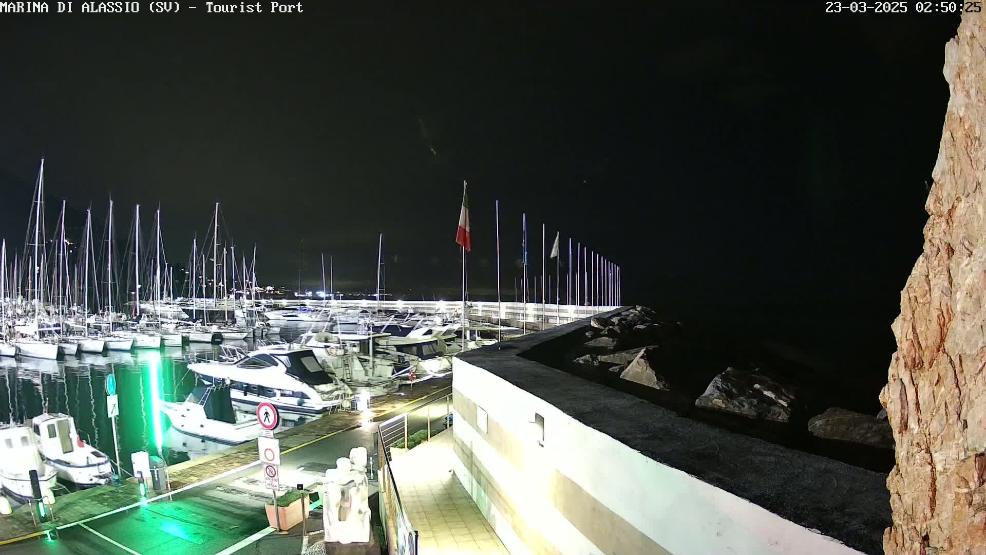 A nighttime view of a marina filled with sailboats and motorboats, under a clear, dark sky.