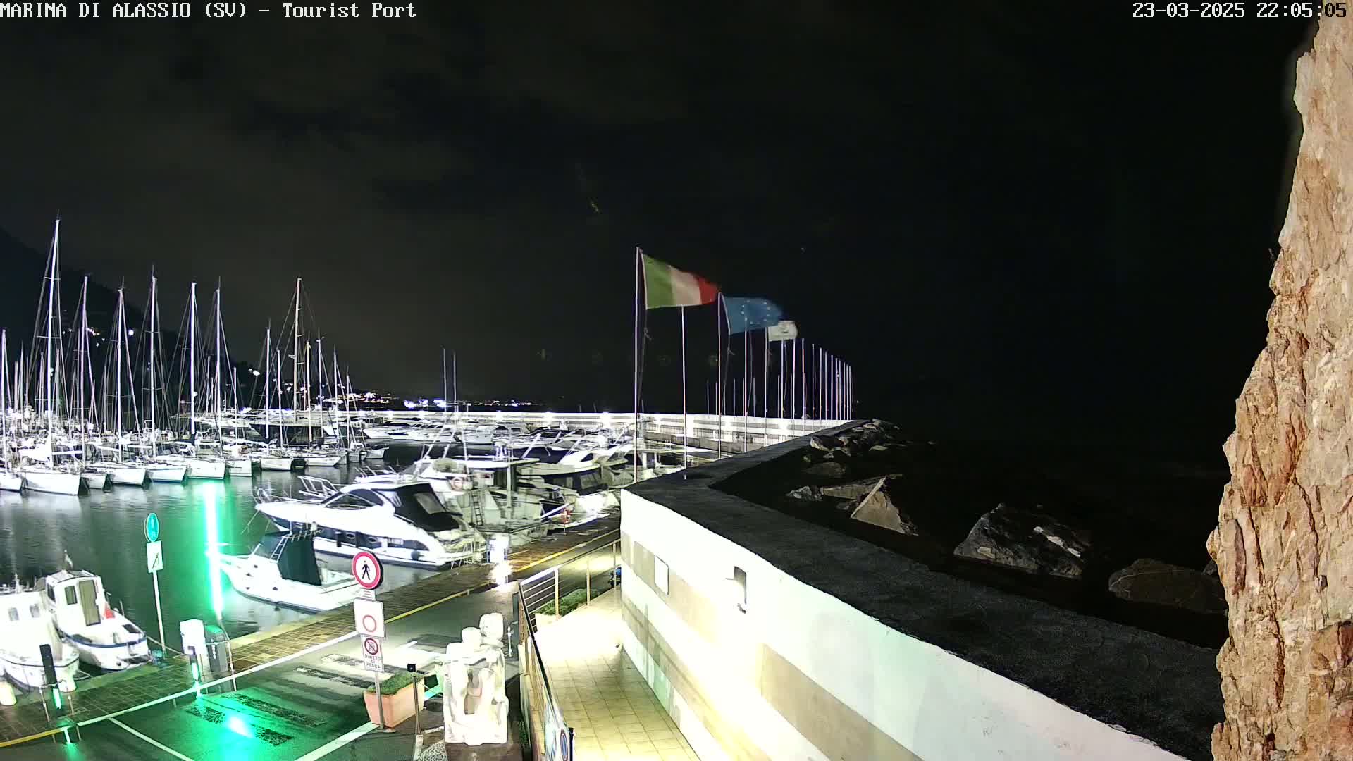 A nighttime view of a harbor filled with sailboats and motorboats, under a mostly clear, dark sky.