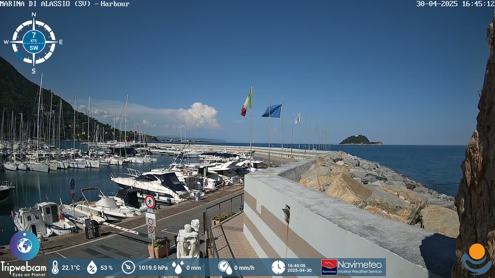 A harbor filled with boats is seen on a sunny day with a clear blue sky and a small island in the distance.