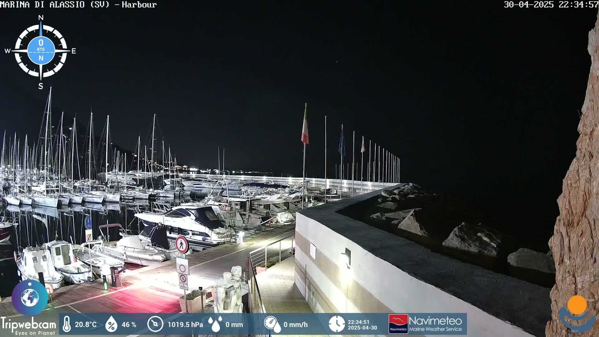 A nighttime harbor scene shows numerous boats docked along a waterfront, under a clear, dark sky.