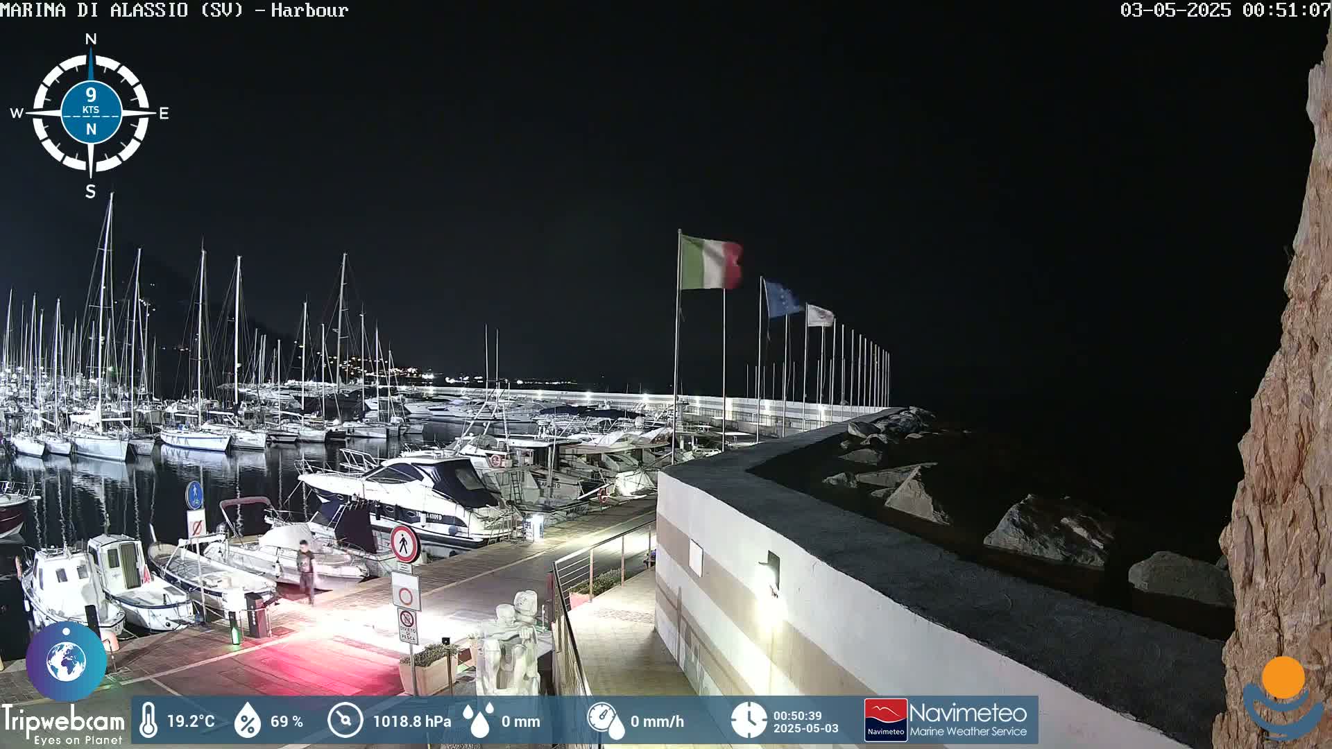 A nighttime harbor filled with numerous boats and yachts under a clear, dark sky.