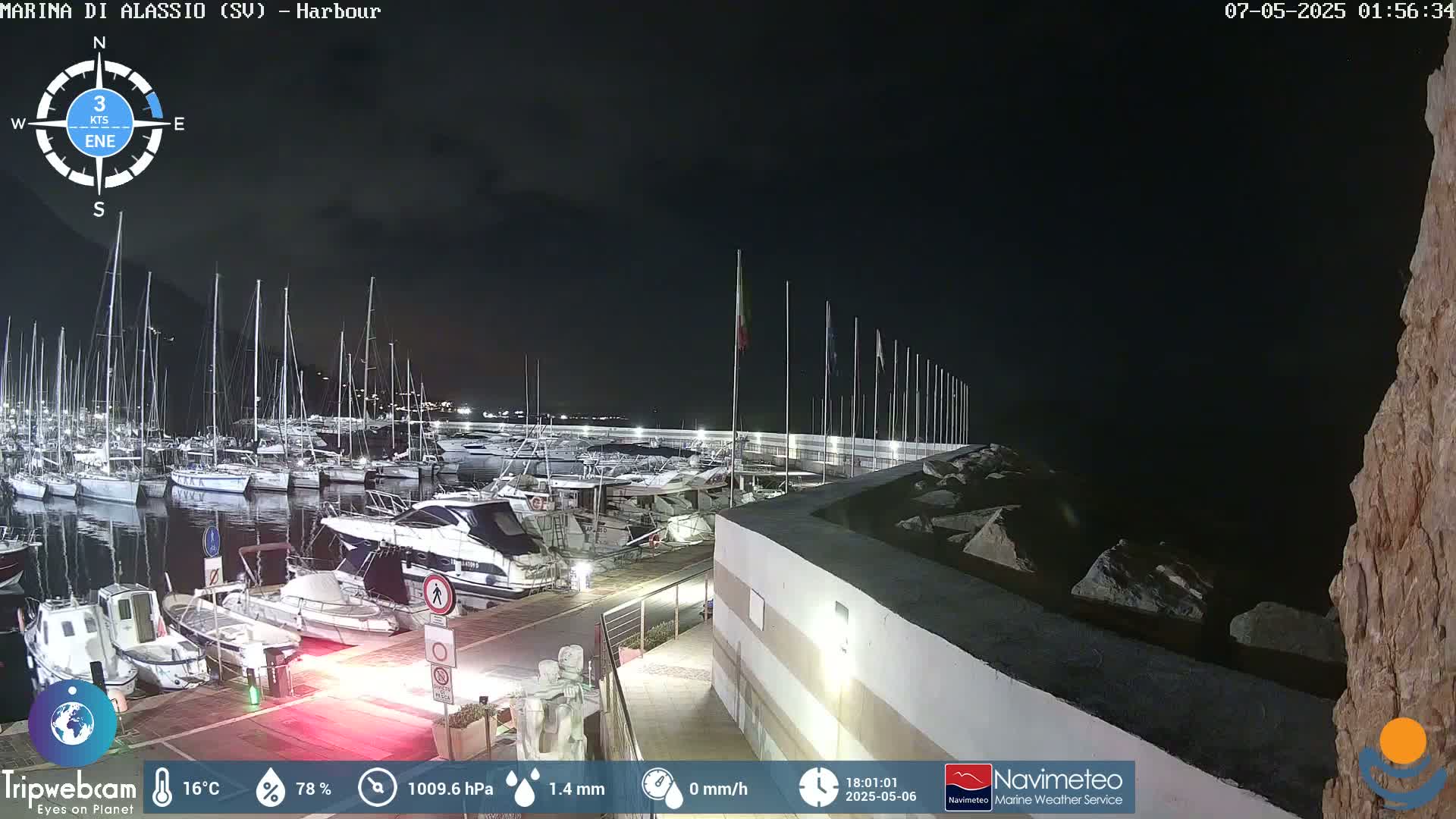 A nighttime view of a harbor filled with boats under a mostly clear sky.