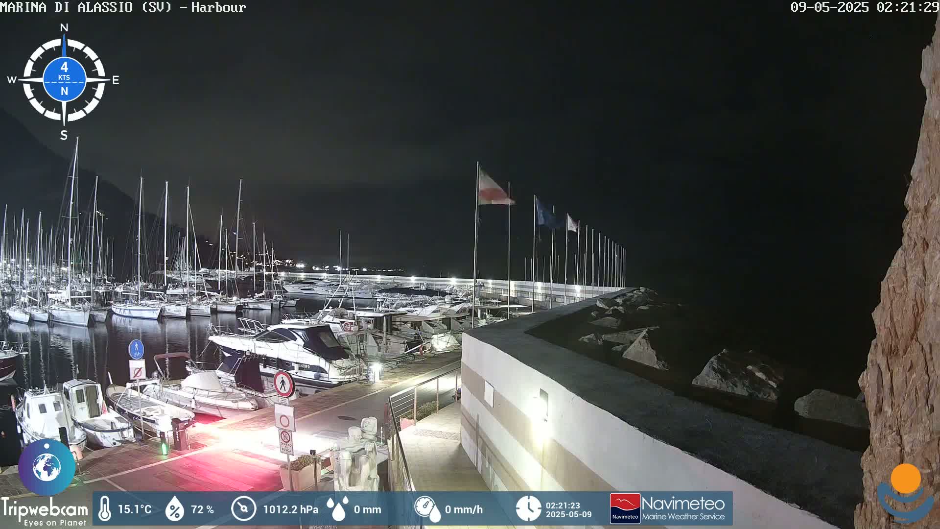 A nighttime harbor scene shows numerous boats docked, under a clear, dark sky.