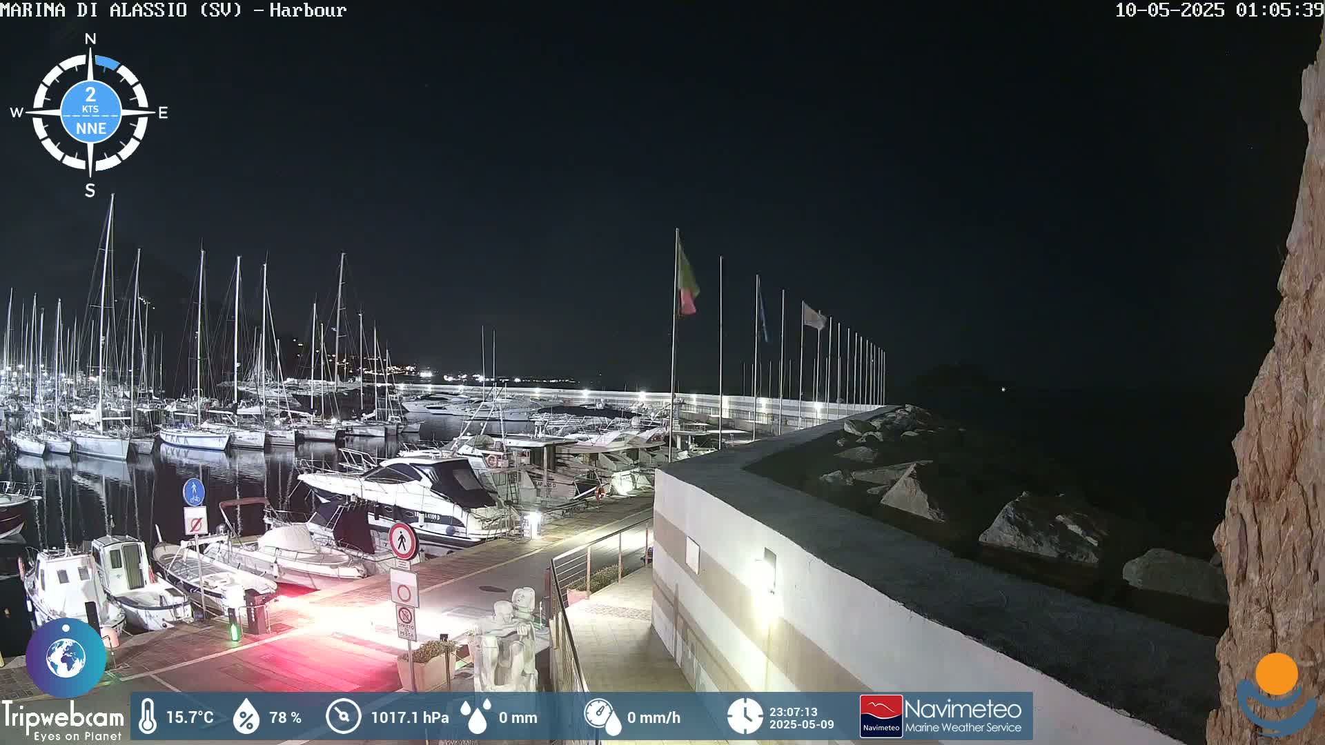 A nighttime view of a harbor filled with docked sailboats and motorboats under a clear, dark sky.