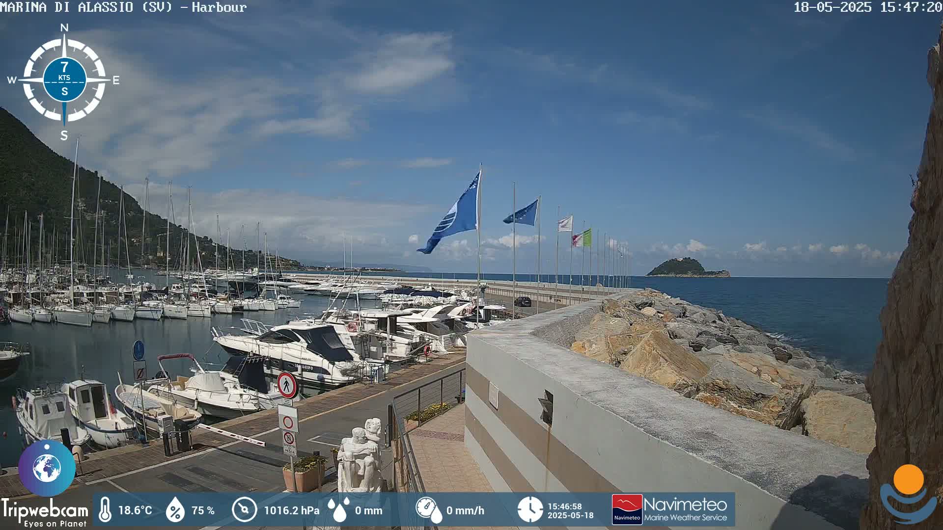 A harbor filled with numerous boats is situated next to a rocky shoreline under a mostly sunny sky.