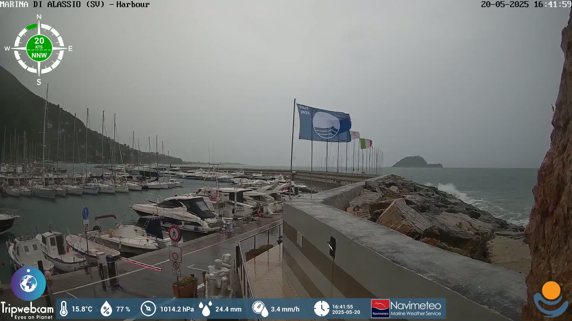 A harbor filled with boats is shown on an overcast day with rain and waves crashing against a rocky shoreline.