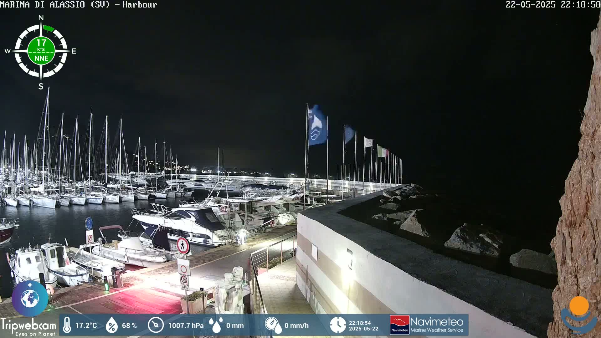 A nighttime view of a harbor filled with sailboats and motorboats, under a clear, dark sky.