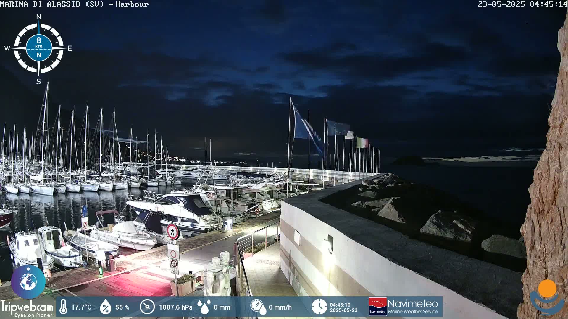 A nighttime harbor filled with boats under a mostly clear, dark blue sky.