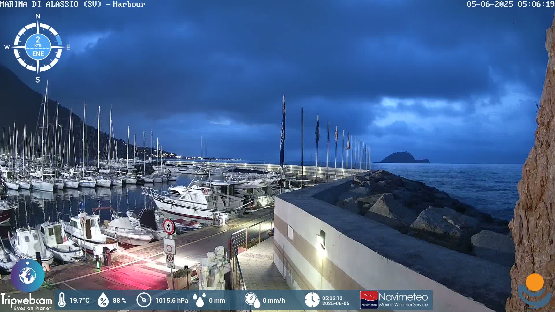 A harbor filled with numerous boats is shown at twilight under a mostly cloudy sky.