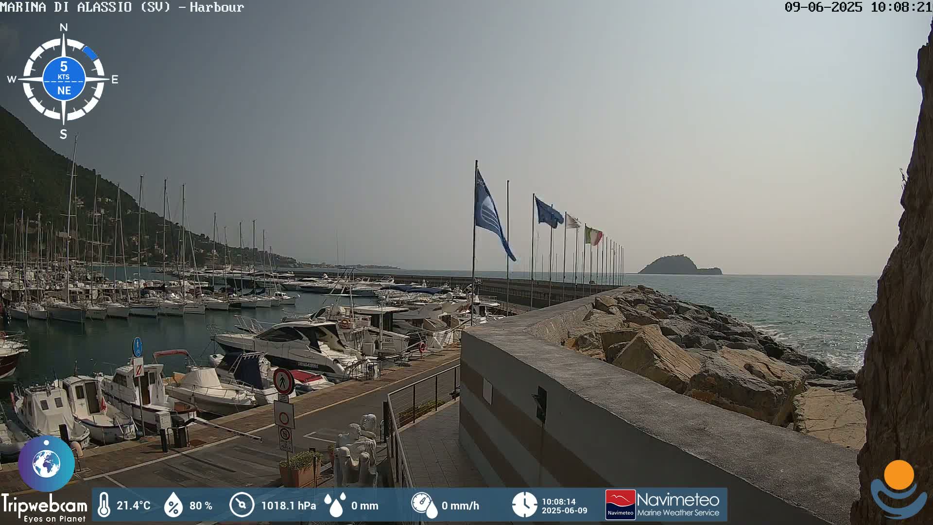 A harbor filled with numerous boats is situated next to a rocky shoreline on a partly sunny day.