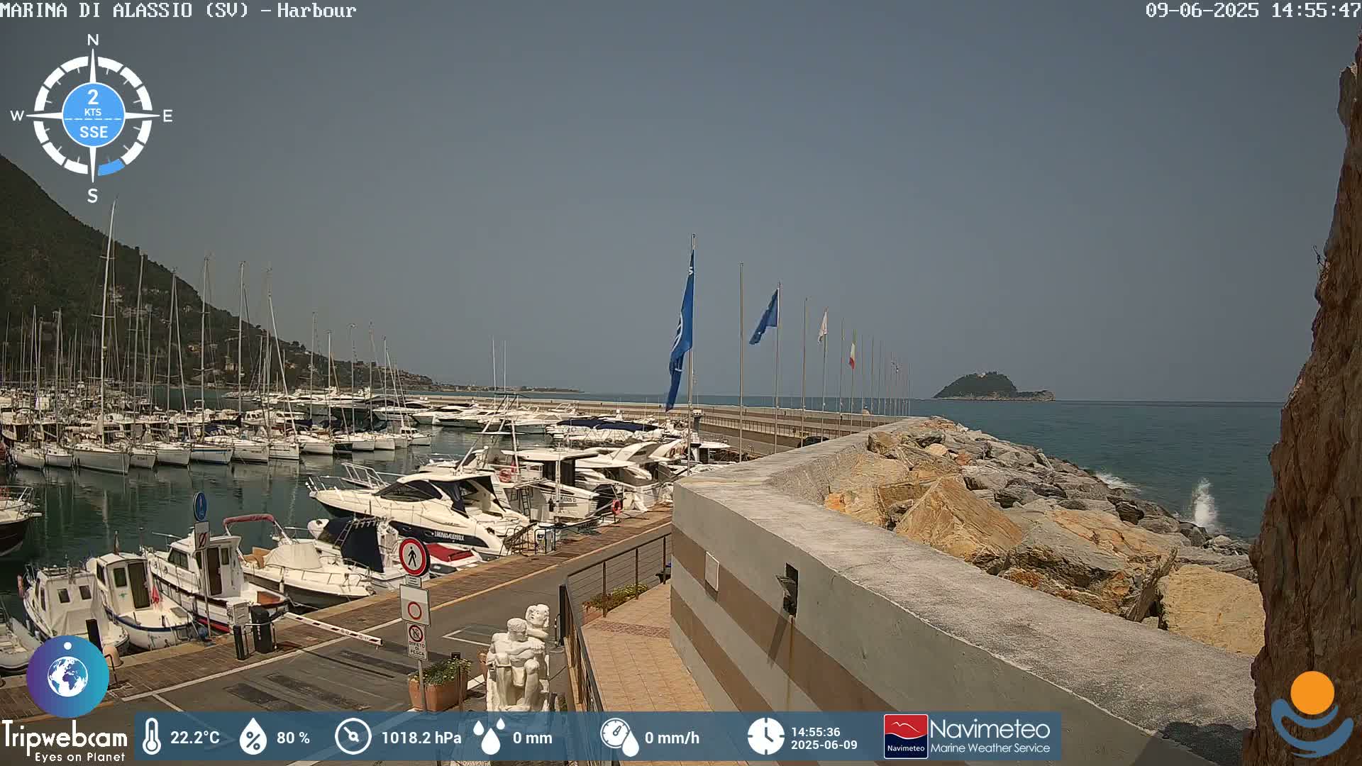 A harbor filled with numerous boats is situated next to a rocky shoreline under a clear, sunny sky.