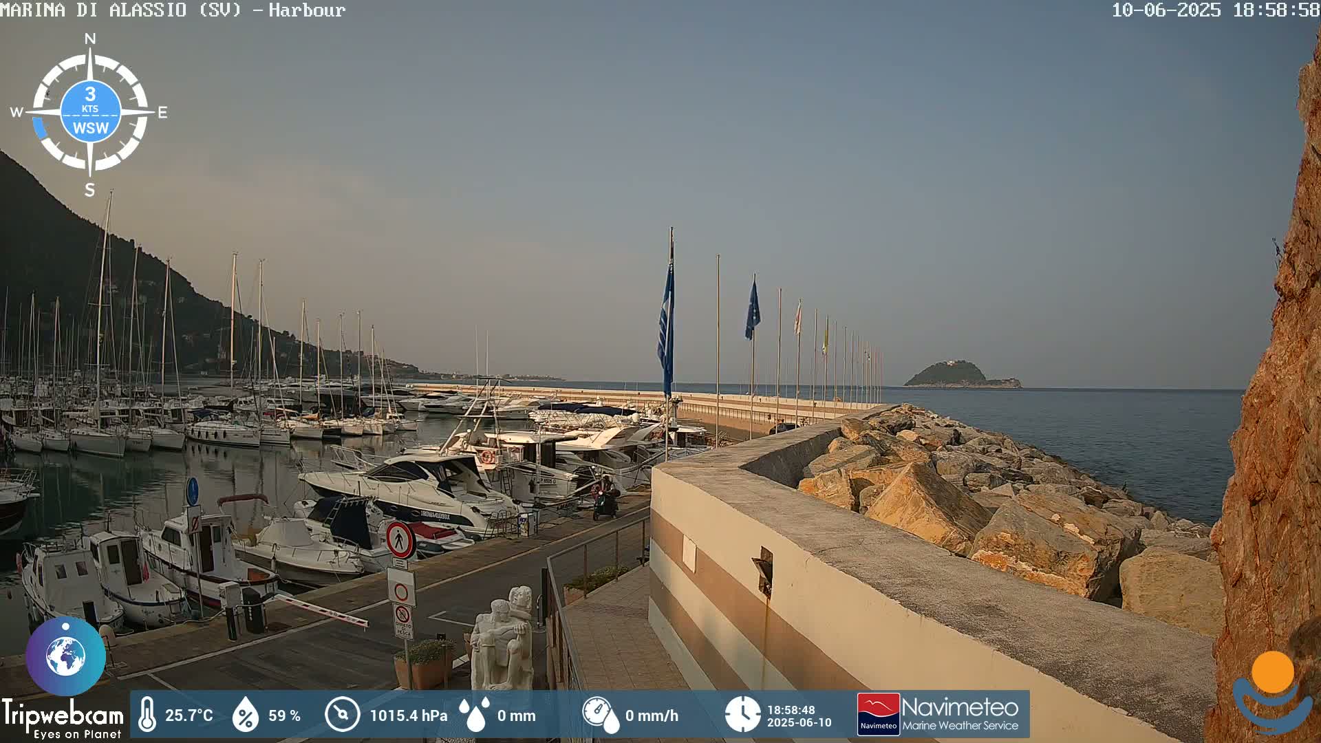A harbor filled with numerous boats is situated next to a rocky shoreline, under a clear, light-blue sky.