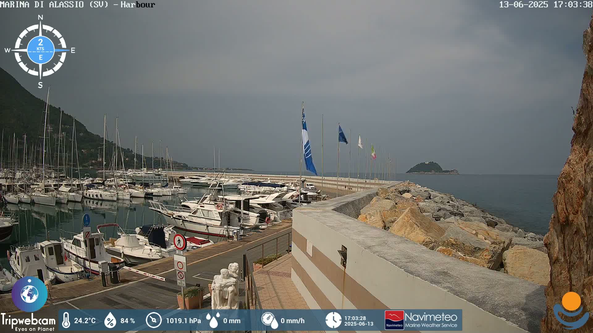 A harbor filled with numerous boats is shown under an overcast sky, with a rocky shoreline and a small island visible in the distance.