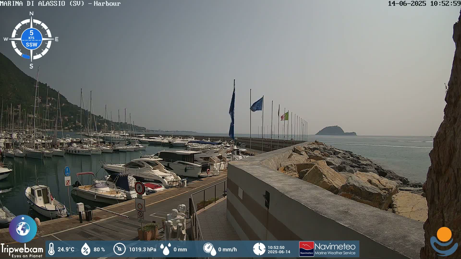 A harbor filled with numerous boats is situated beside a rocky shoreline on a sunny day.