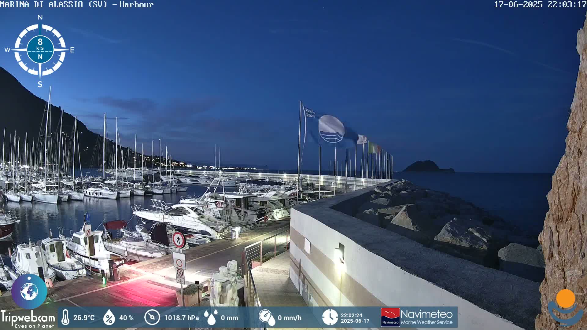 A harbor filled with numerous boats is seen at twilight under a clear, dark-blue sky.