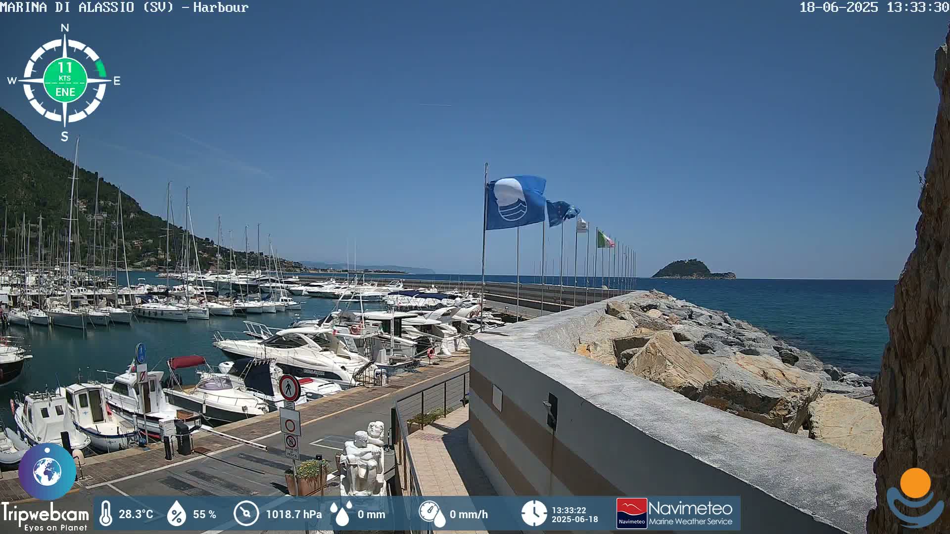 A harbor filled with boats is seen on a sunny day with a clear blue sky and calm water.