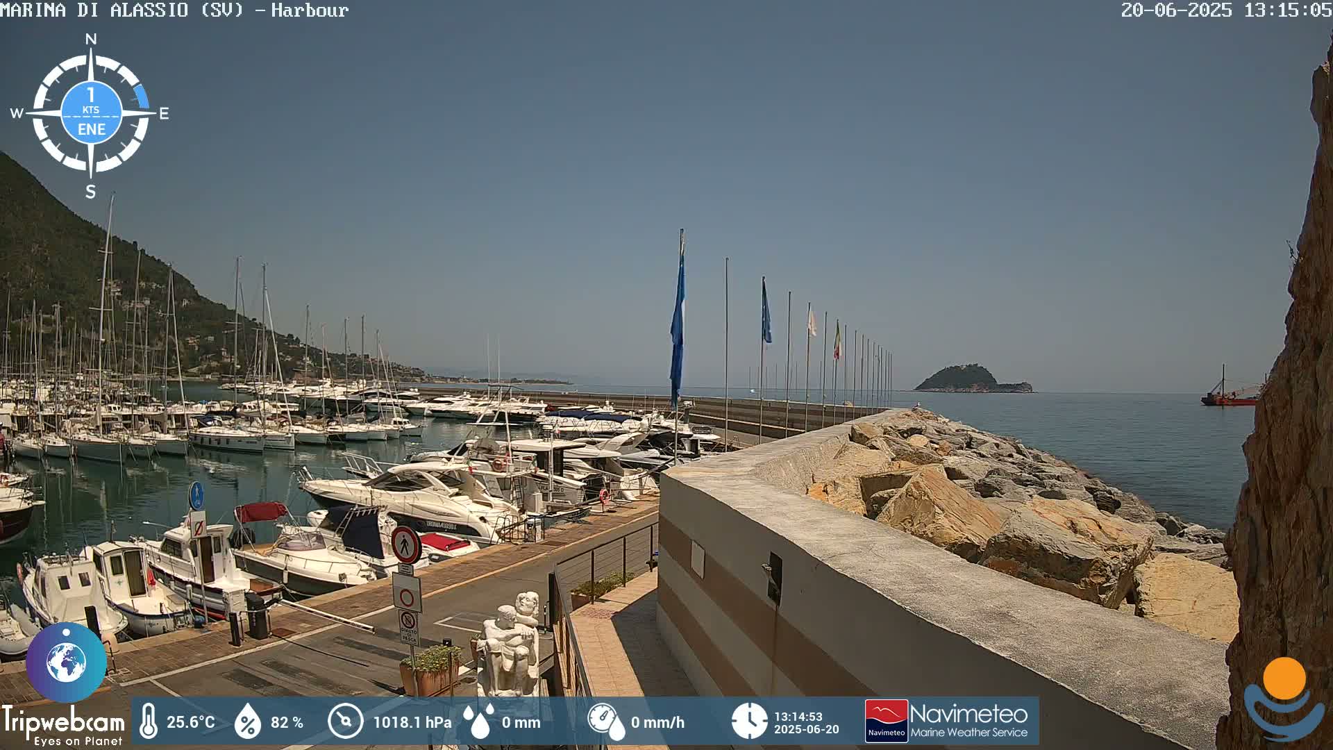 A harbor filled with numerous boats and yachts is shown under a clear, sunny sky.