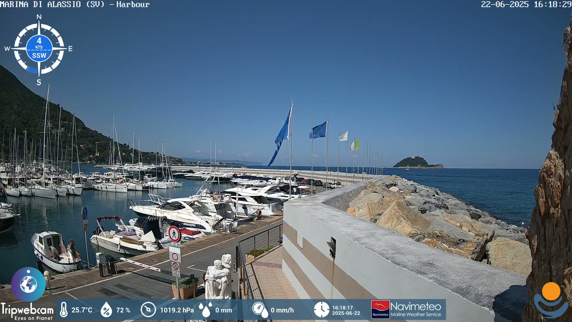 A harbor filled with yachts and sailboats is shown on a sunny day with calm seas and a small island visible in the distance.