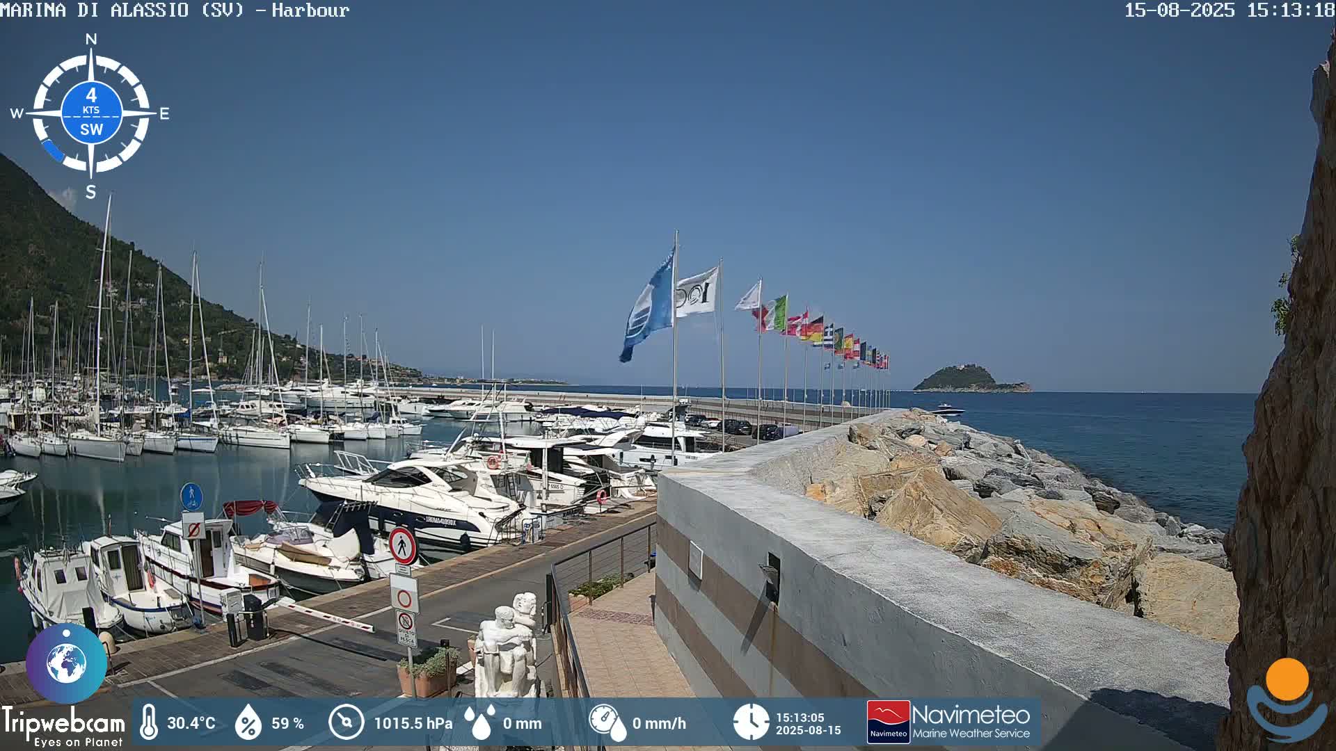 A harbor filled with numerous boats is shown on a sunny day with calm waters, backed by a hill and a small island in the distance.