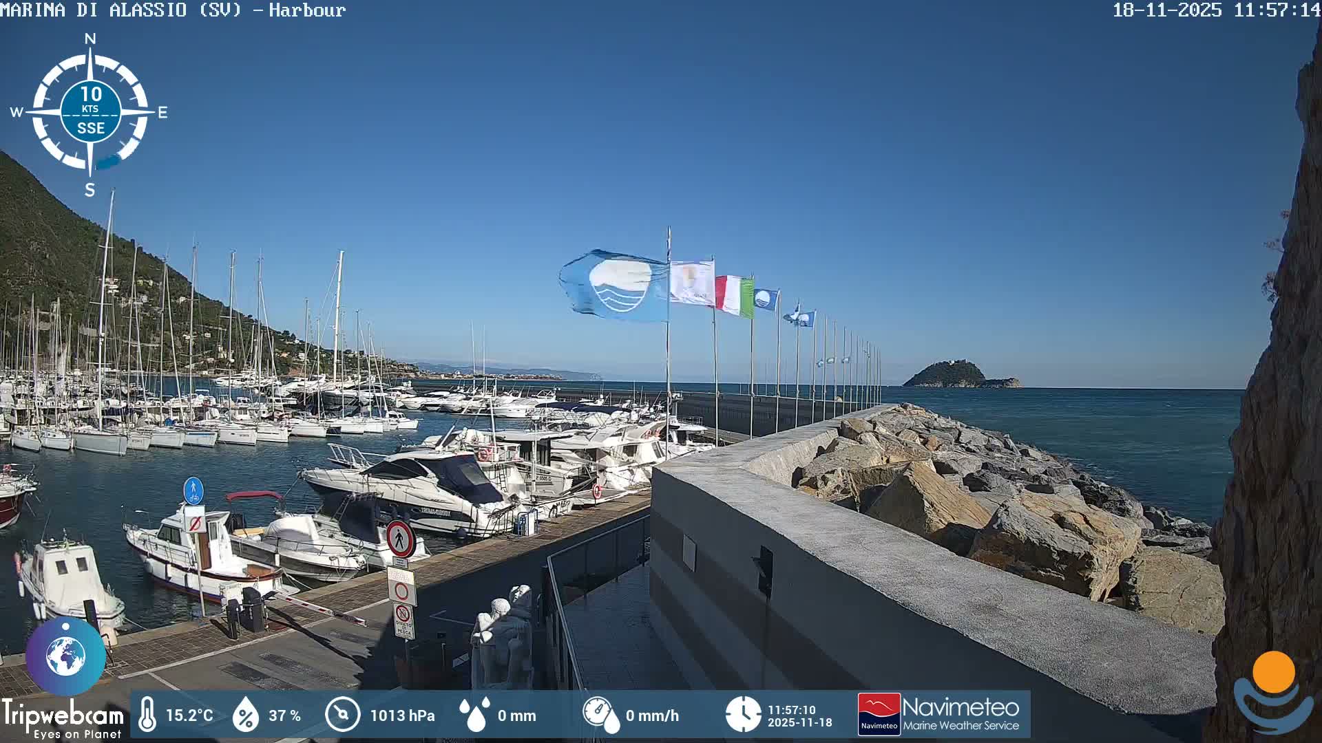 On a dreary, overcast day with wet surfaces suggesting recent rain, a bustling marina is filled with numerous boats, flanked by a steep, tree-covered mountain and a rocky coastline extending towards a distant island.