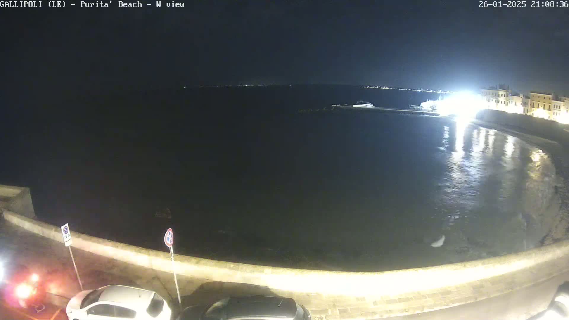 A nighttime view of a calm body of water next to a low wall and parked cars under a clear, dark sky.