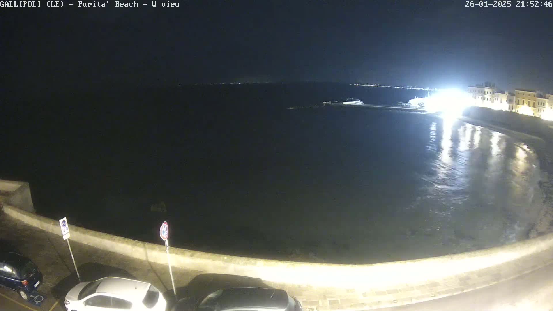At night, a calm, dark body of water laps against a low seawall, with parked cars visible along a nearby road under a clear, dark sky.