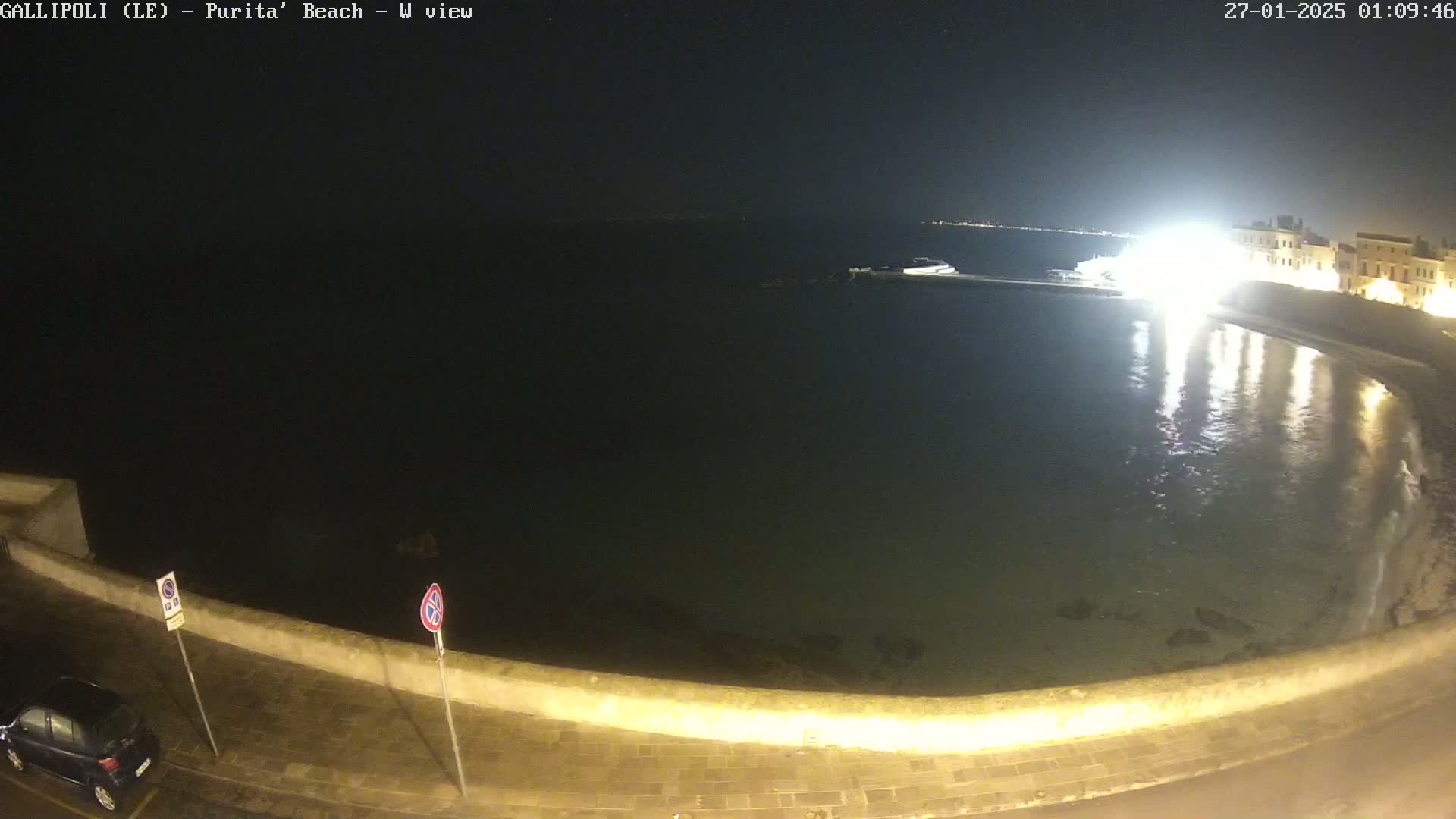 At night, a dark body of water is seen next to a low wall, with buildings faintly visible in the distance under a clear, starlit sky.