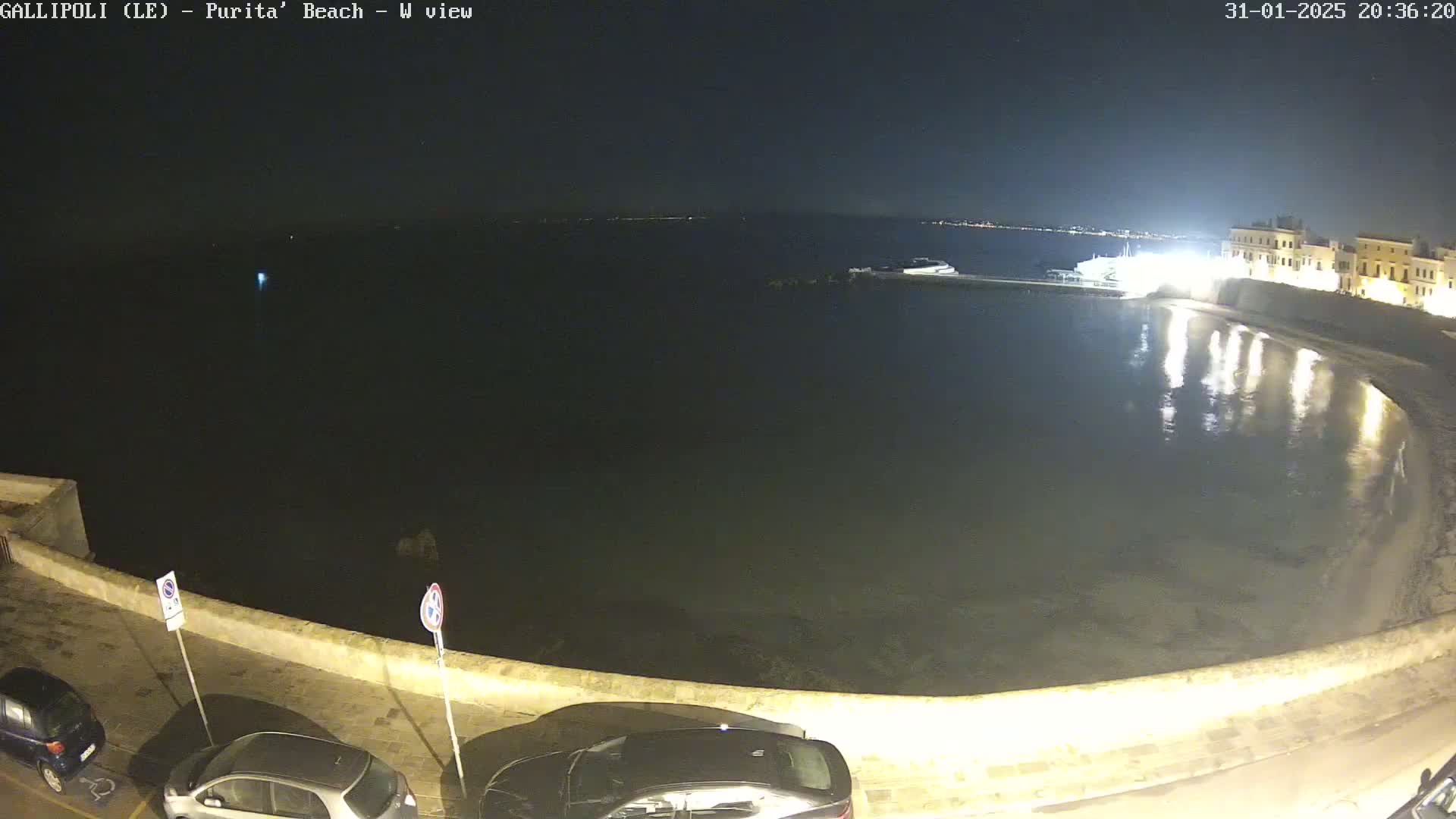 A nighttime view of a calm, dark body of water next to a low-lit, stone waterfront with parked cars.
