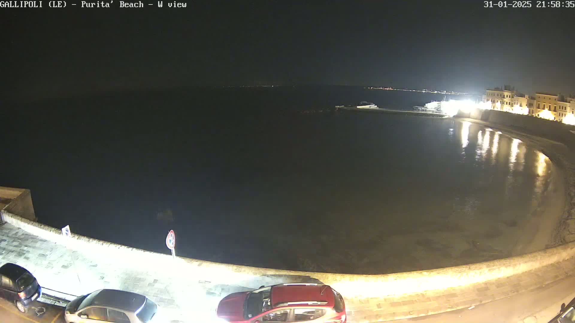 At night, a dark body of water laps against a paved shoreline, where several cars are parked near a building.