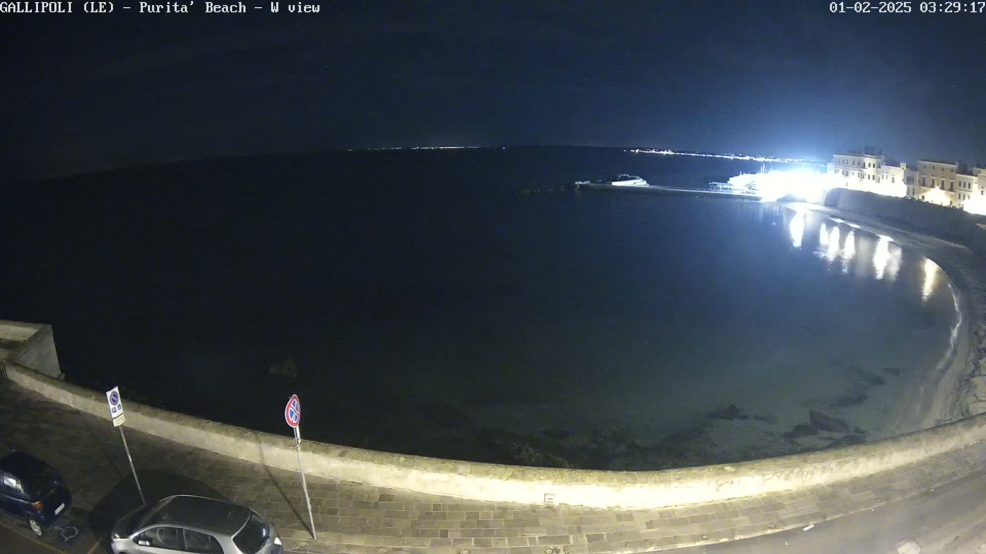A nighttime view of a calm bay next to a stone wall and buildings under a clear, starry sky.