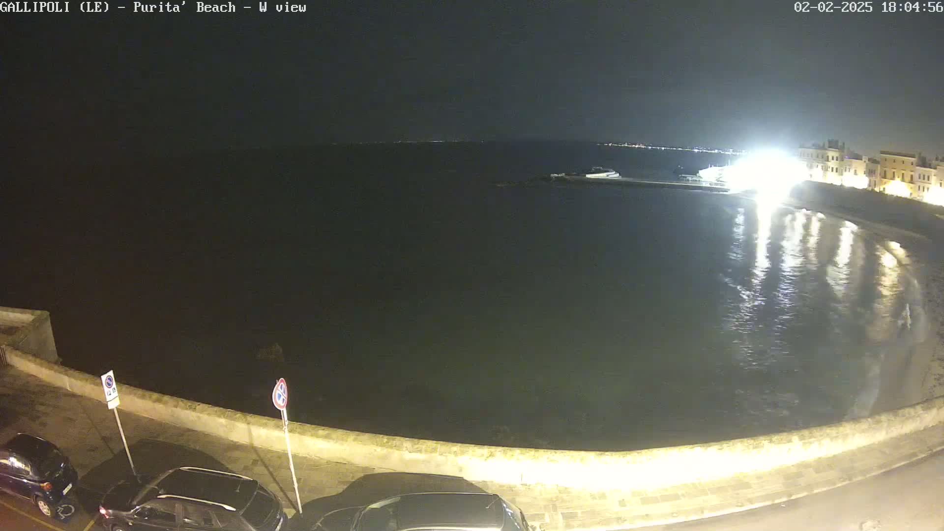A nighttime view of a calm, dark ocean bay next to a low stone wall with several parked cars along a road under a clear night sky.