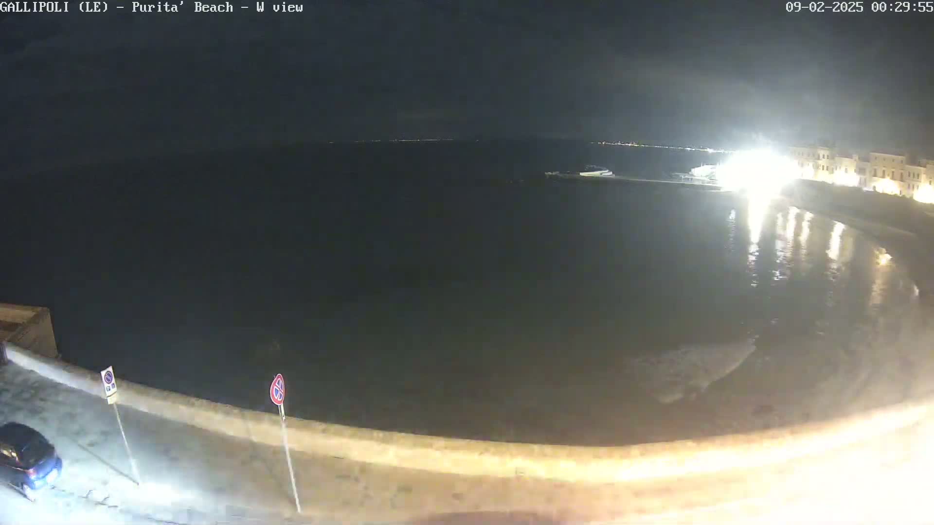 A nighttime view of a calm, dark body of water next to a lit-up stone structure under a mostly clear sky.