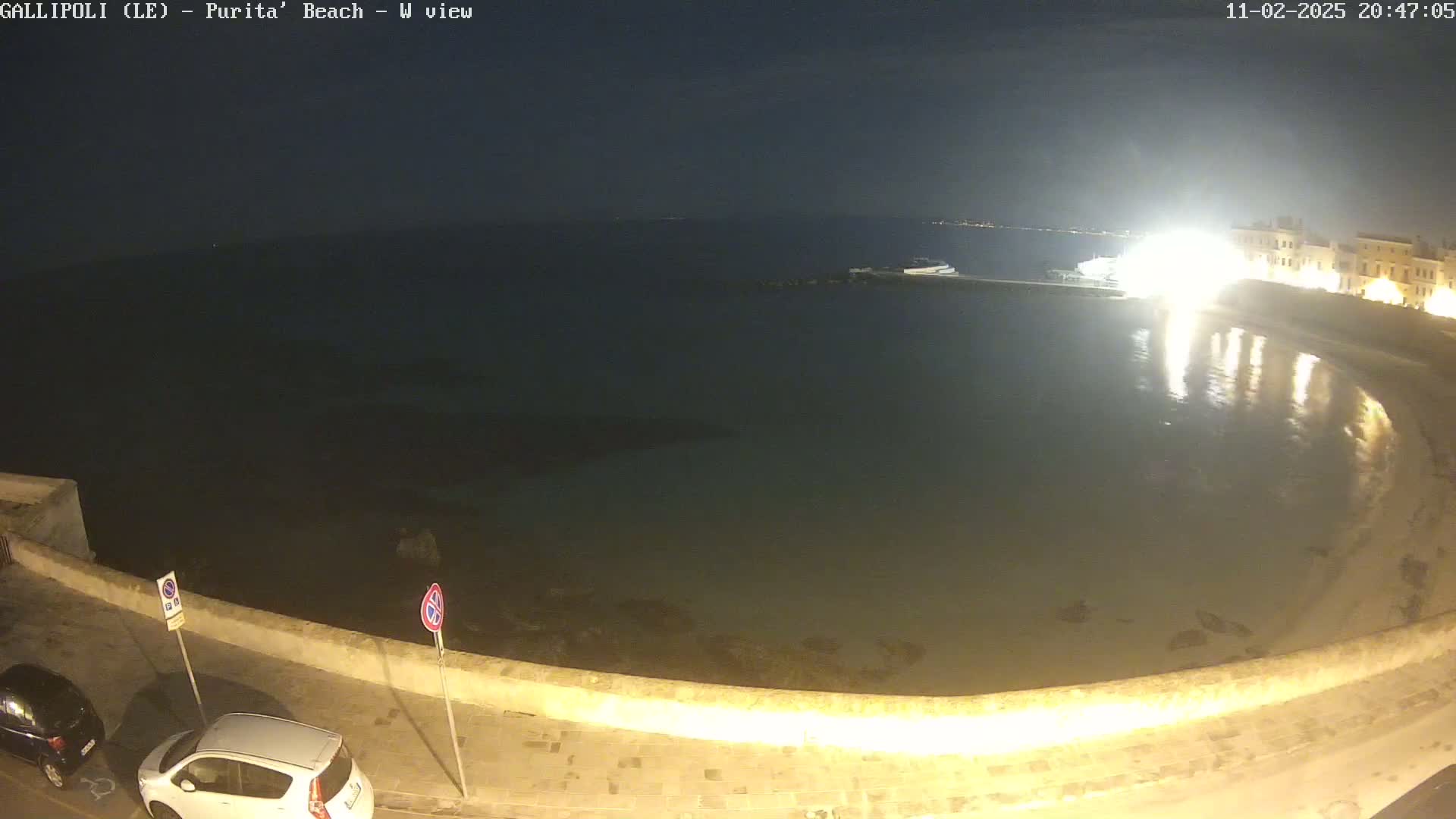 A nighttime view of a calm bay, illuminated by lights from buildings on the shore, with a few parked cars visible along a stone wall.