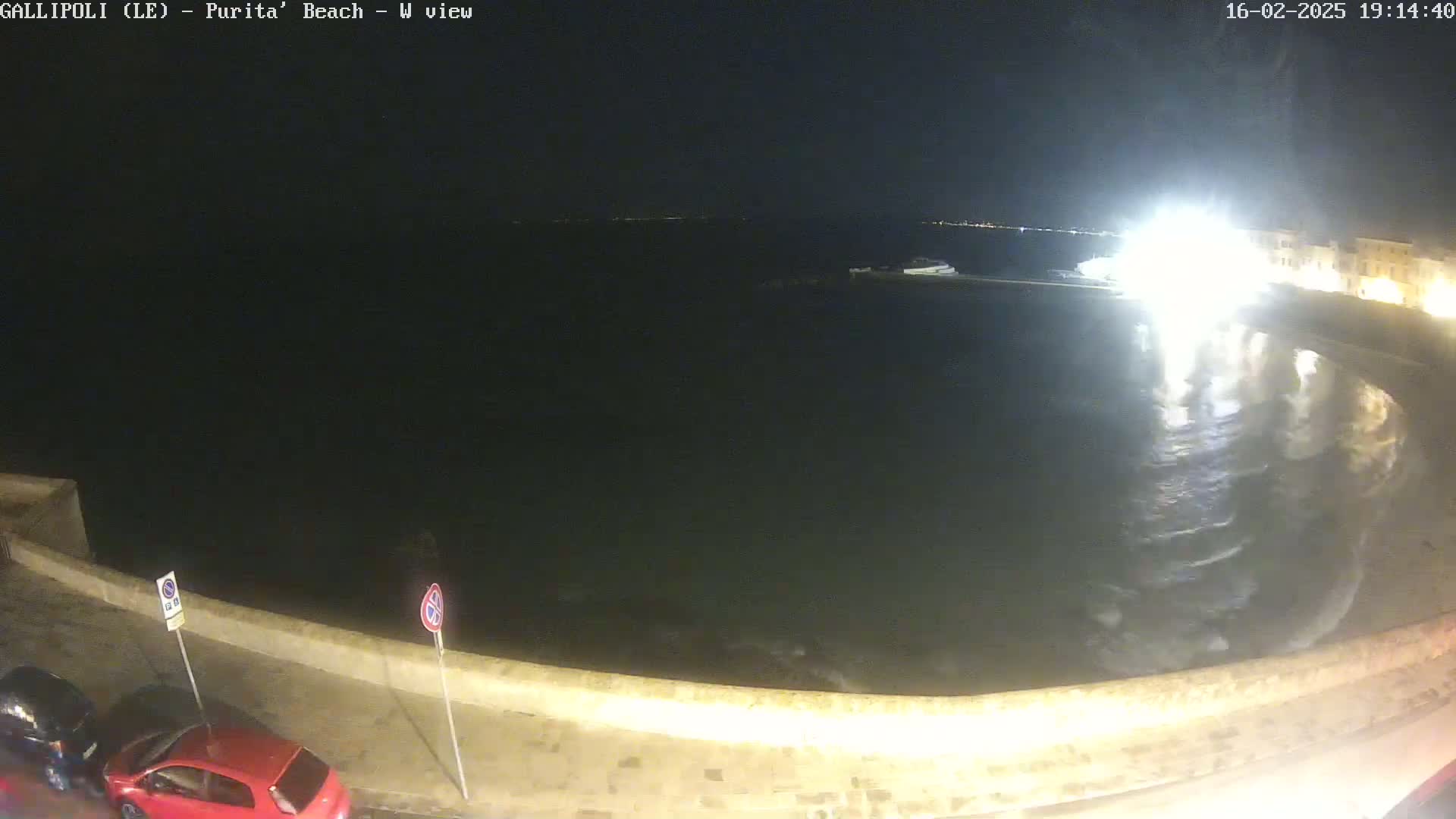A nighttime, seaside view shows a dark body of water lapping against a low wall next to a road with parked cars.