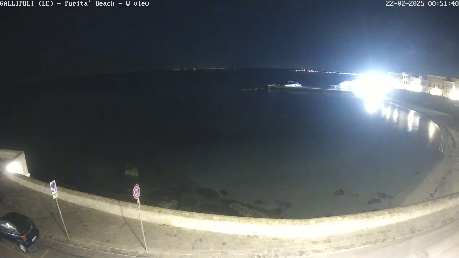 A nighttime, overhead view of a calm, dark-colored body of water curving along a stone wall next to a roadway, with a single car parked along the side.