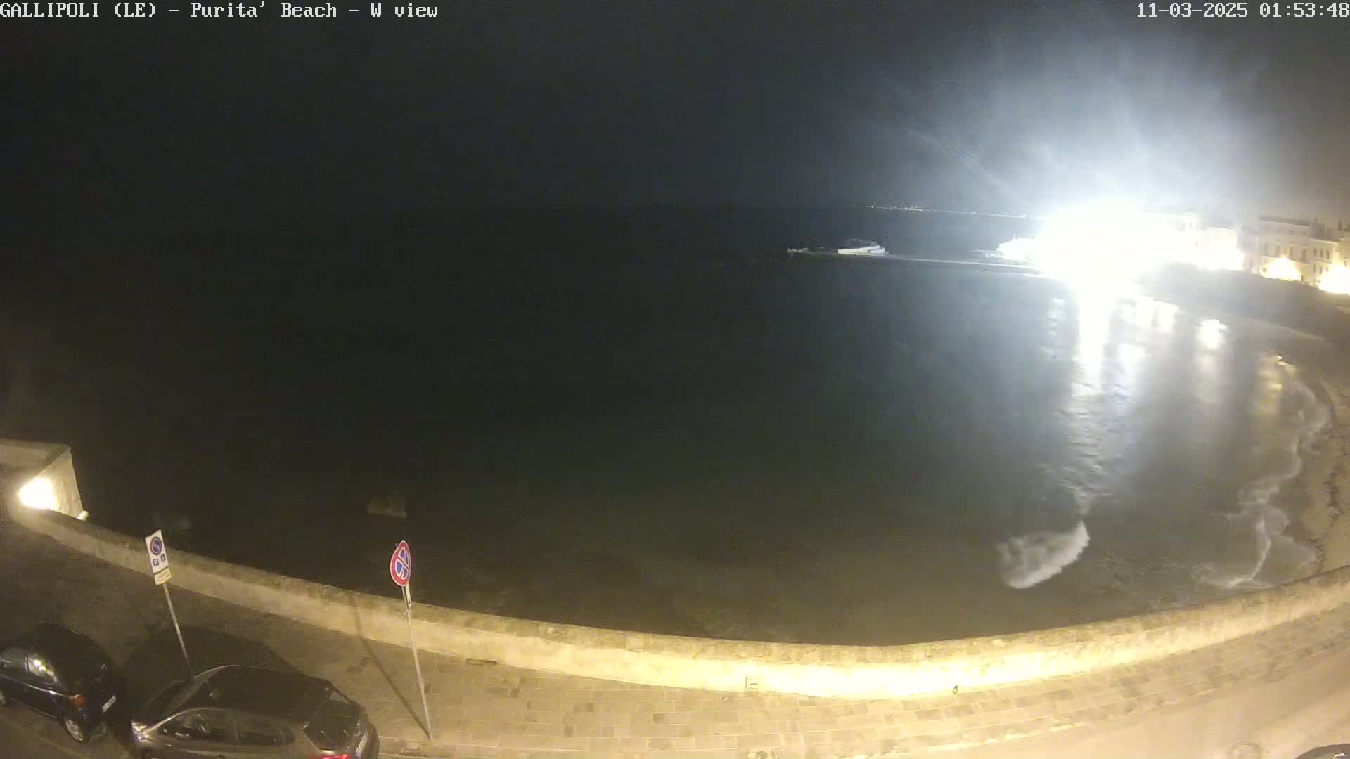 A nighttime view of a calm, dark body of water next to a low stone wall, with a few cars parked along a street.