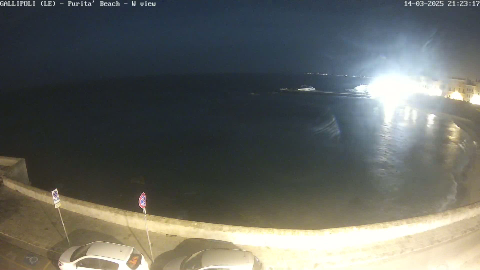 A nighttime view of a dark, wavy ocean under a mostly clear sky, with a brightly lit area visible in the distance and two cars parked near a low wall.